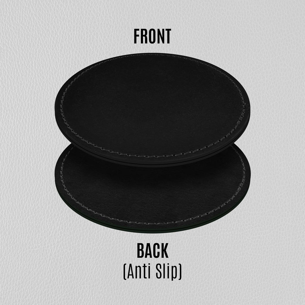 Genuine Leather, Premium Table Coasters by , Round, 4 inch, with Holster, Handcrafted, Hand Made, Non Slip - Set of 6