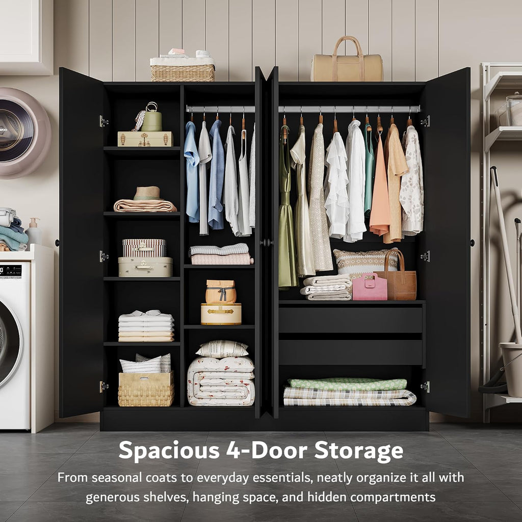 4 Doors Armoire Wardrobe Closet with 2 Drawers, 63" Large Wardrobe Cabinet with Removable Hanging Rods and Adjustable