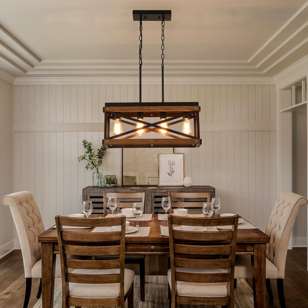 Rustic Farmhouse Wood Kitchen Island Lighting, 4 Lights Rectangular Pendant Light Fixture, Adjustable Chain Oak Wood
