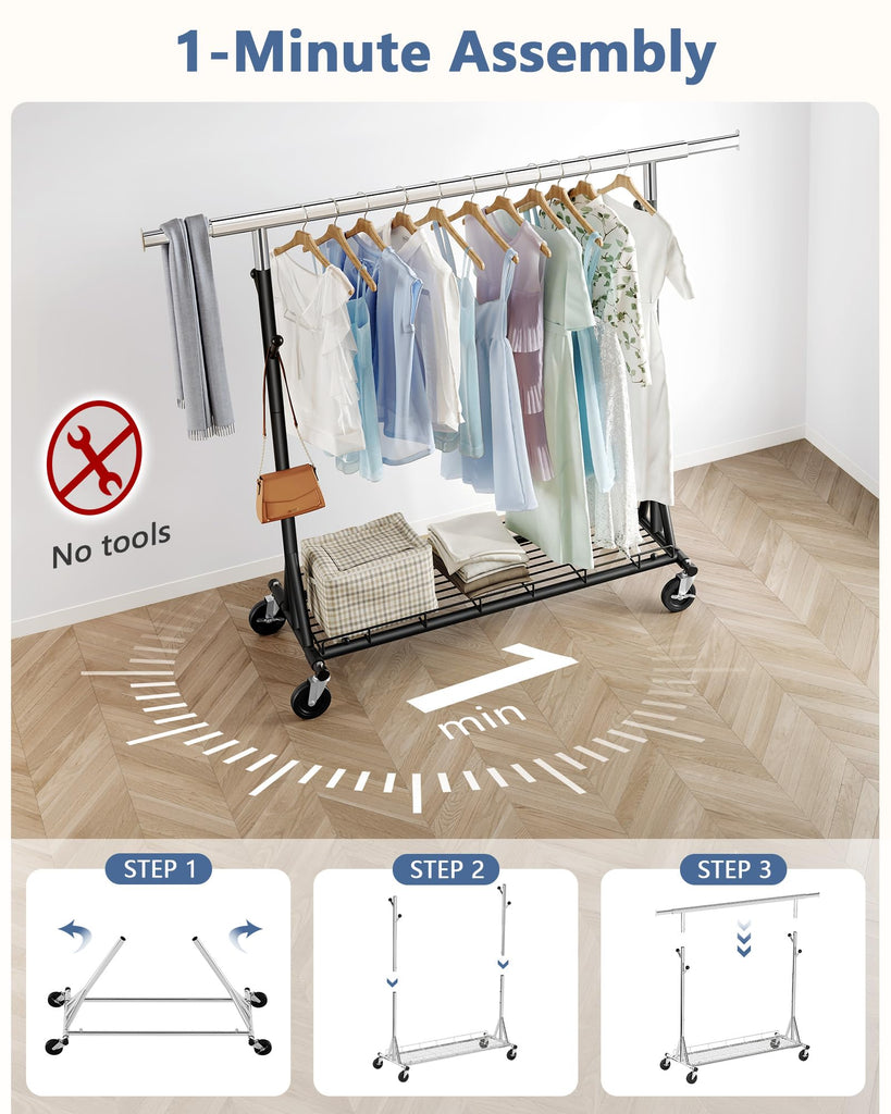 1-Minute Assembly Clothes Rack, 480 lbs Heavy Duty Rolling Clothing Racks with Wheels, Foldable Garment Rack