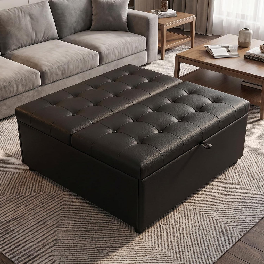 36 Inch Extra Large Black Leather Lift Top Living Room Storage Ottoman | Tufted Upholstered Shoe Storage Entry Bench