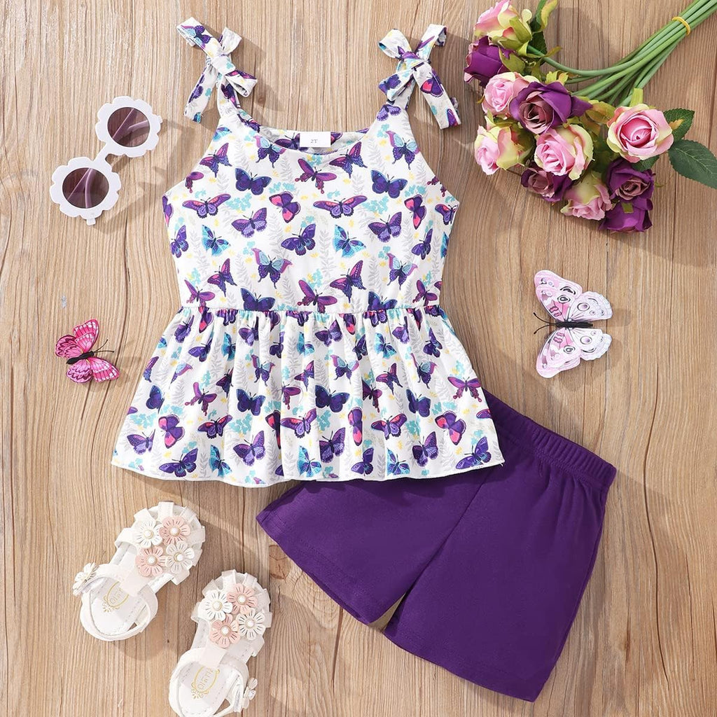 Toddler Girls Clothes Summer Short Set Outfit Tie Knot Shoulder Sleeveless Ruffle Tops and Shorts 2PC Clothing Set