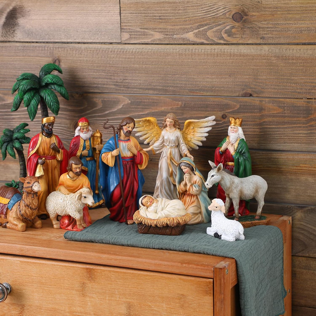 12 Pcs Nativity Sets for Christmas Indoor,7 Inch The Life Christmas Nativity Scene Figures Jesus,Stable,Palm Tree