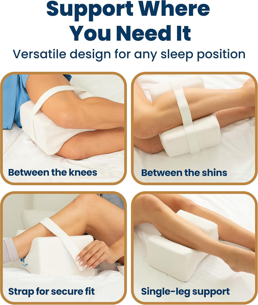 Memory Foam Knee Pillow for Side Sleepers - Sciatica Pain Relief Pillow, Removable Strap Support - Leg Pillows for