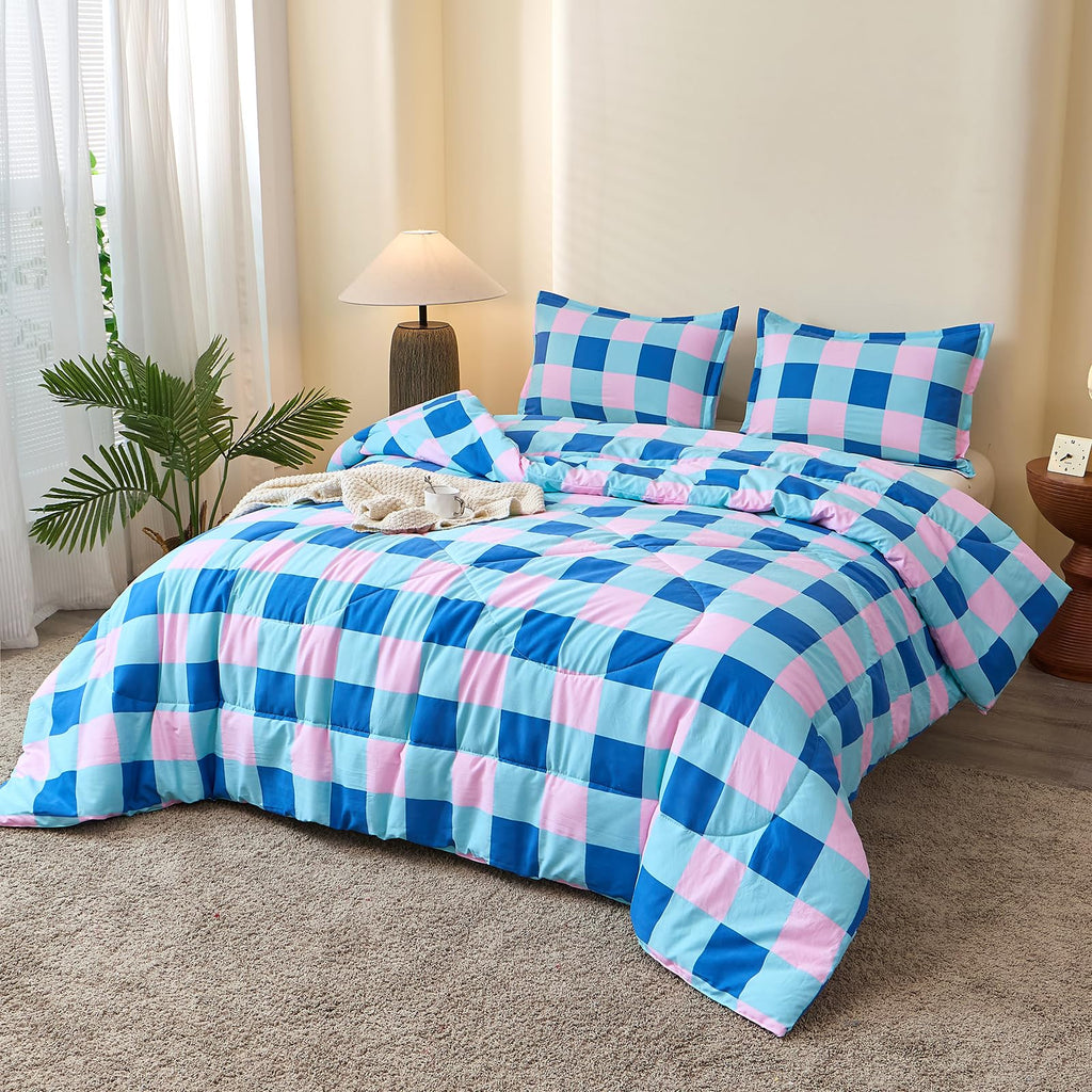 Checkered Comforter Set, Blue and Pink Plaid Comforter Bedding Set, Grid Gingham Fluffy Comforter Home Decor