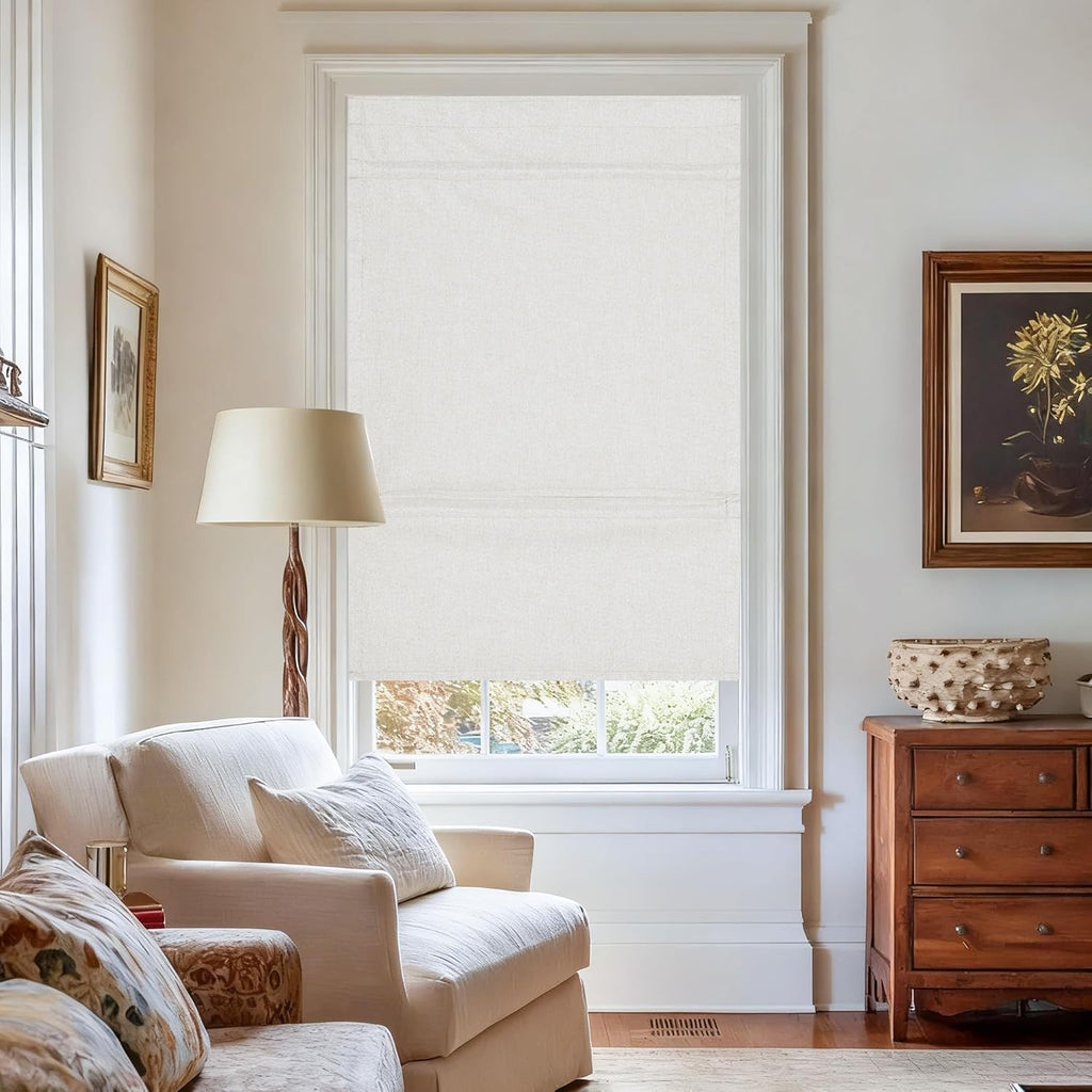 Linen 100% Blackout Roman Shade for Doors, No Drill Cordless Thermal Insulated French Door Curtain, Adhesive Top &