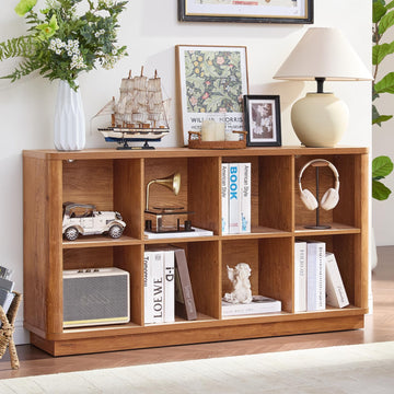 8 Cube Storage Book Shelf, 52" Long Horizontal Bookshelf with Curved Edge, Floor Standing Wooden Cubby Bookcase with