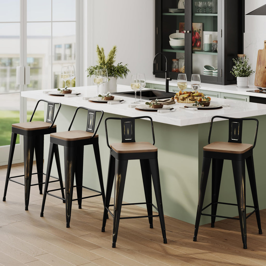 Bar Stools Set of 4, 26" Distressed Barstools, Gold Black