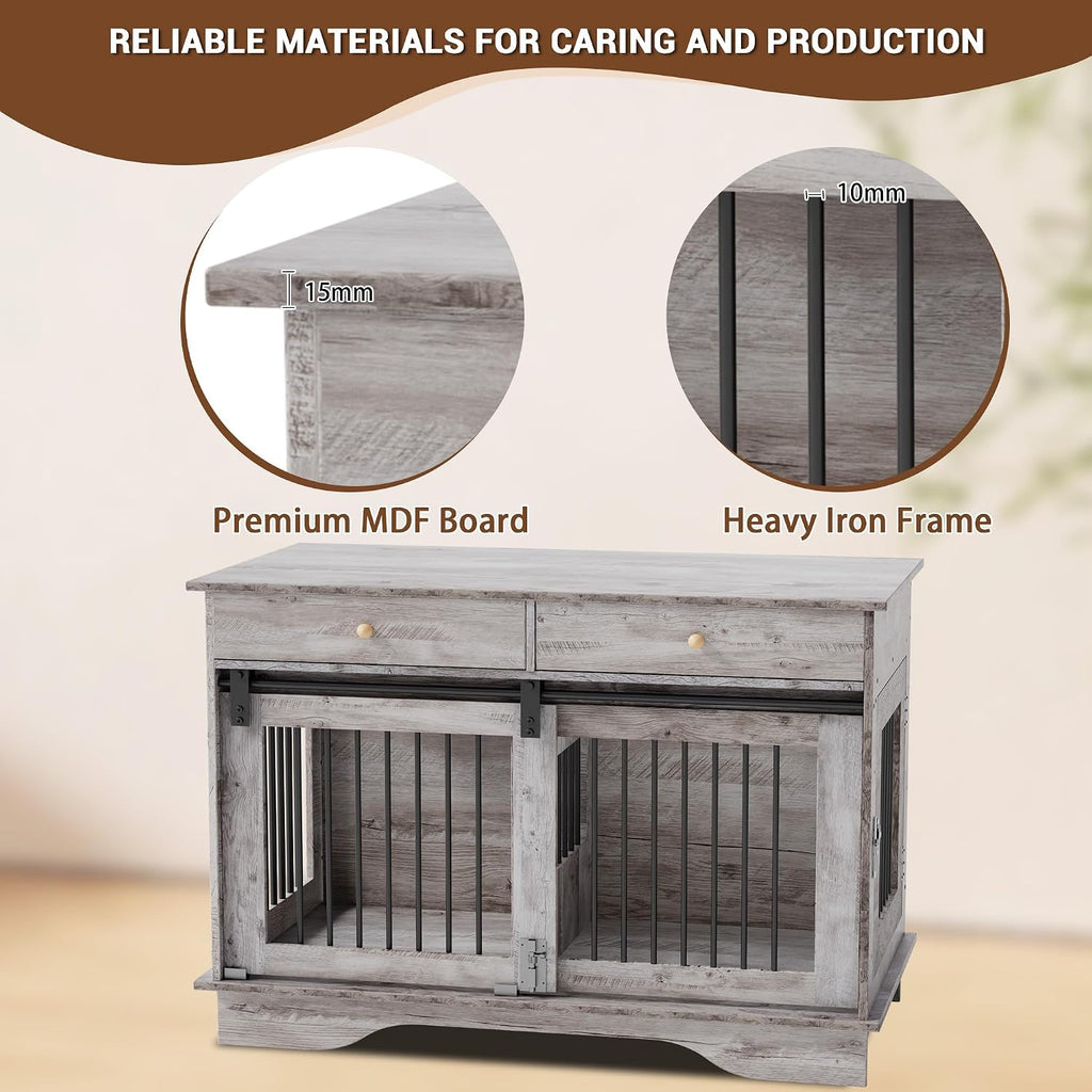 Multi Functional Wooden Dog Crate Furniture Double Kennel End Table Gray