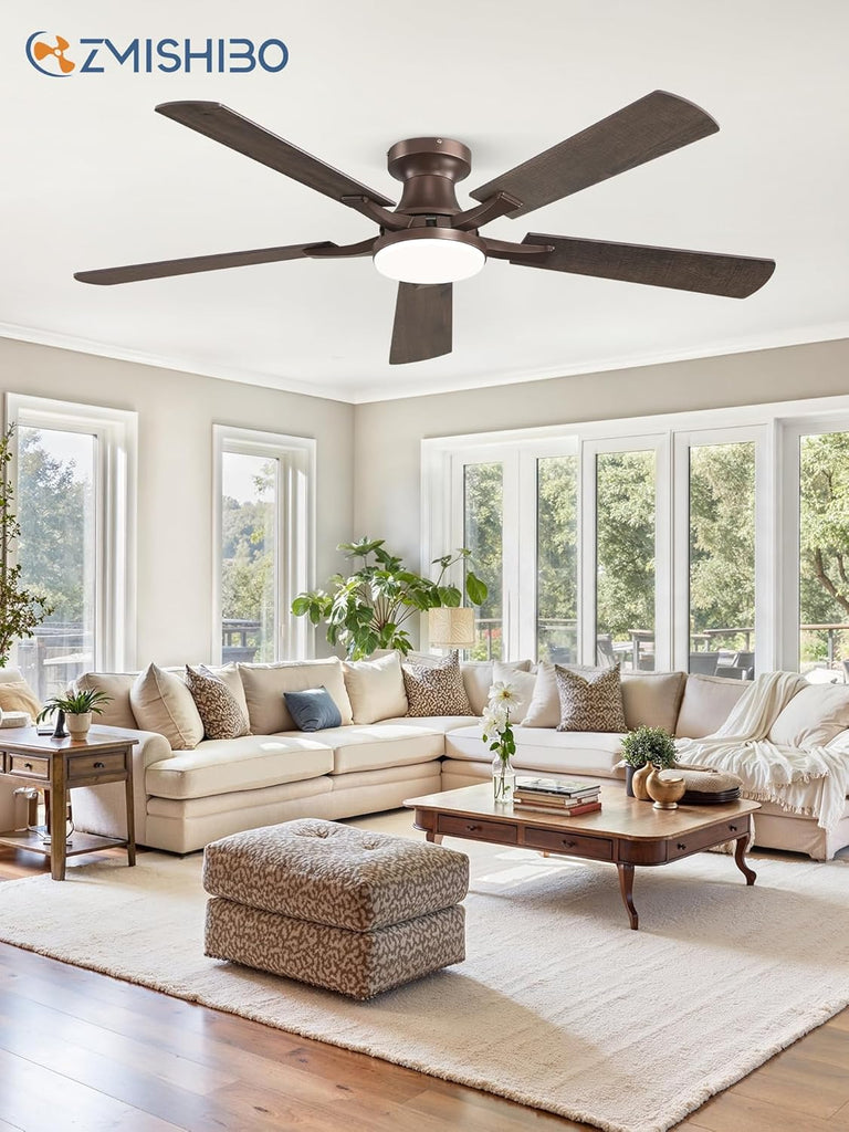 52 Inch Ceiling Fan with Light, App&Remote Control, Flush Mount Low Profile, Dimmable 20W LED Light, Quiet Reversible Motor for Bedroom, Living Room, Apartment, Brown A101-B0DPHBV4XB