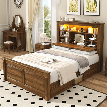 Farmhouse Queen Bed Frame with 55" Tall Storage Headboard & 4 Drawers, Wood Roman Column Platform Bed Frame with 24"
