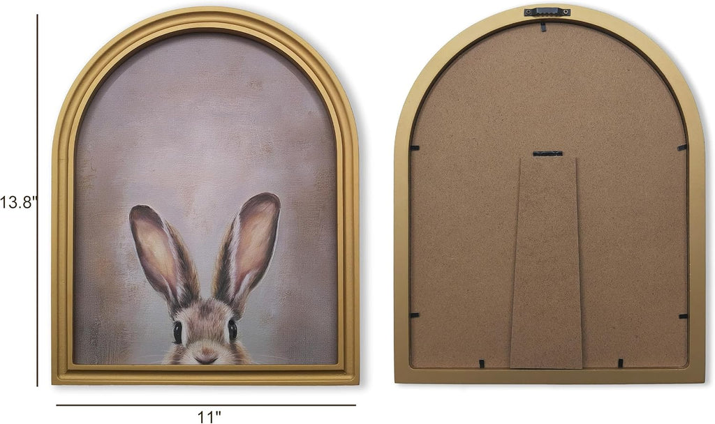 Gold Vintage Easter Bunny Framed Wall Art - Arched Wood Frame Rabbit Canvas Picture Aesthetic Wall Decor, Farmhouse