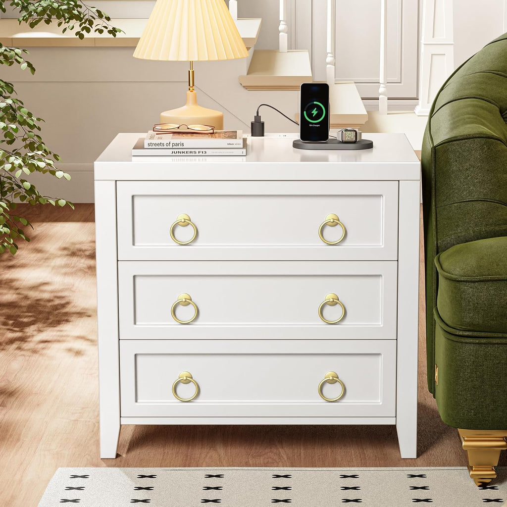 Paint Night Stand with Charger Station and USB-C Port, 3 Drawer Nightstands Set of 2, Larger Wider Bedside Table
