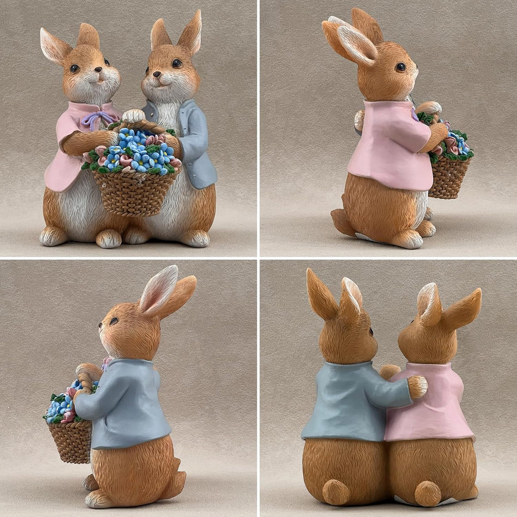 Bunny Statue Resin Flower Basket Rabbit Easter Spring Desk Home Decor Gift