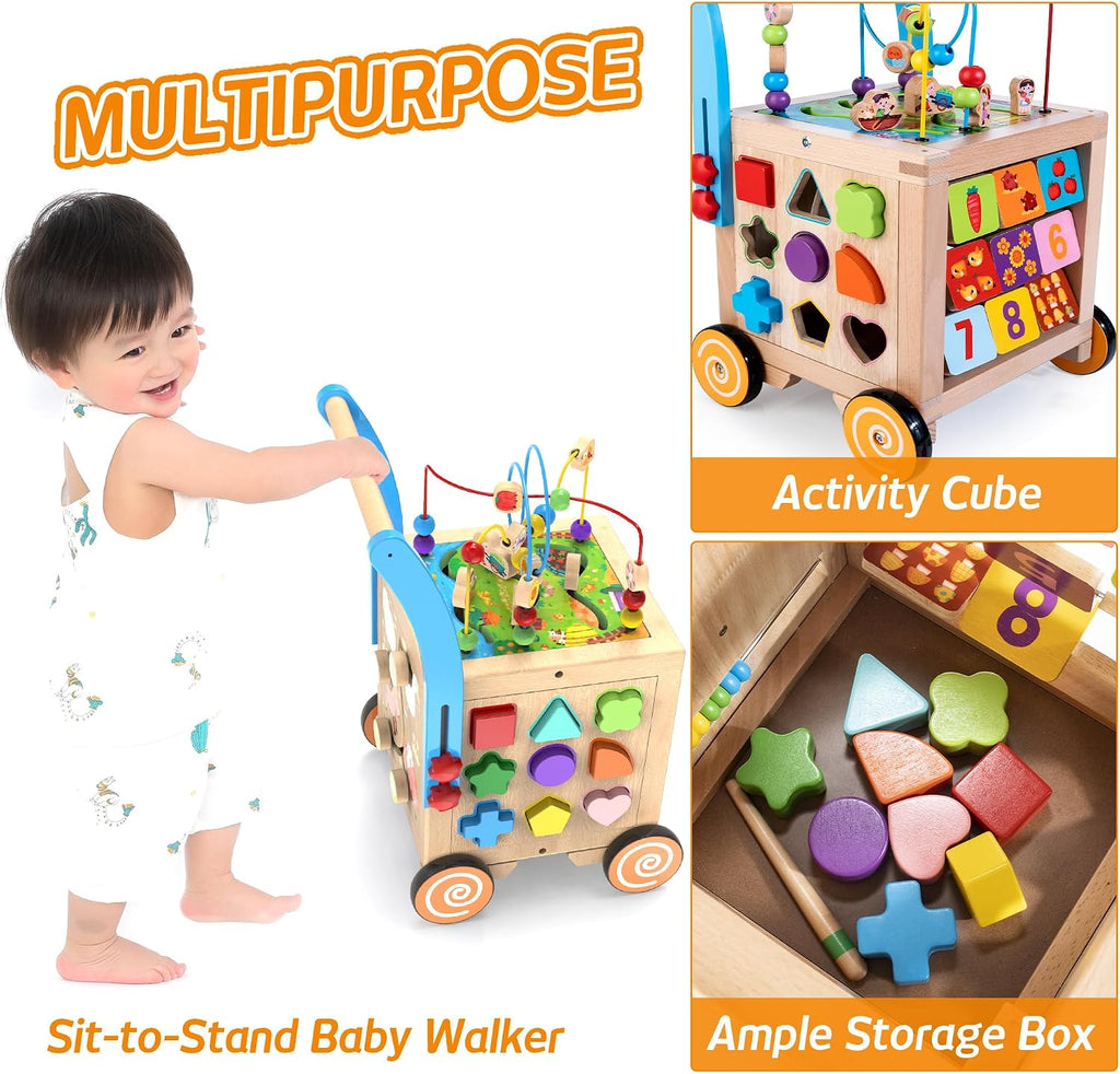 In-1 Wooden Activity Cube Walker for 1 Year Old, Sit-to-Stand Push Walker