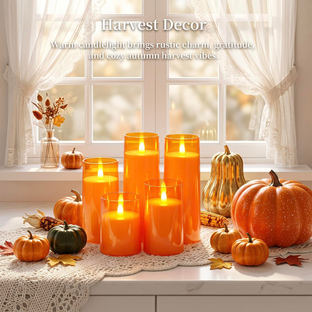 Orange Flameless Candles Realistic Flickering with Remote for Fall