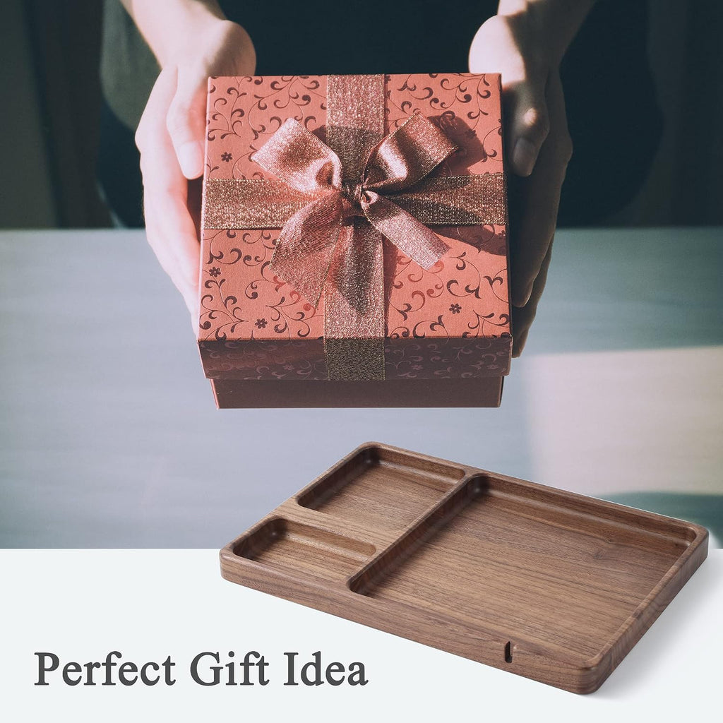 Walnut Wooden Valet Tray - Bedside Table Organizer for Men Dad, Edc Catch All Tray with Cable Slot (11.4 x 7.9 x 0.8