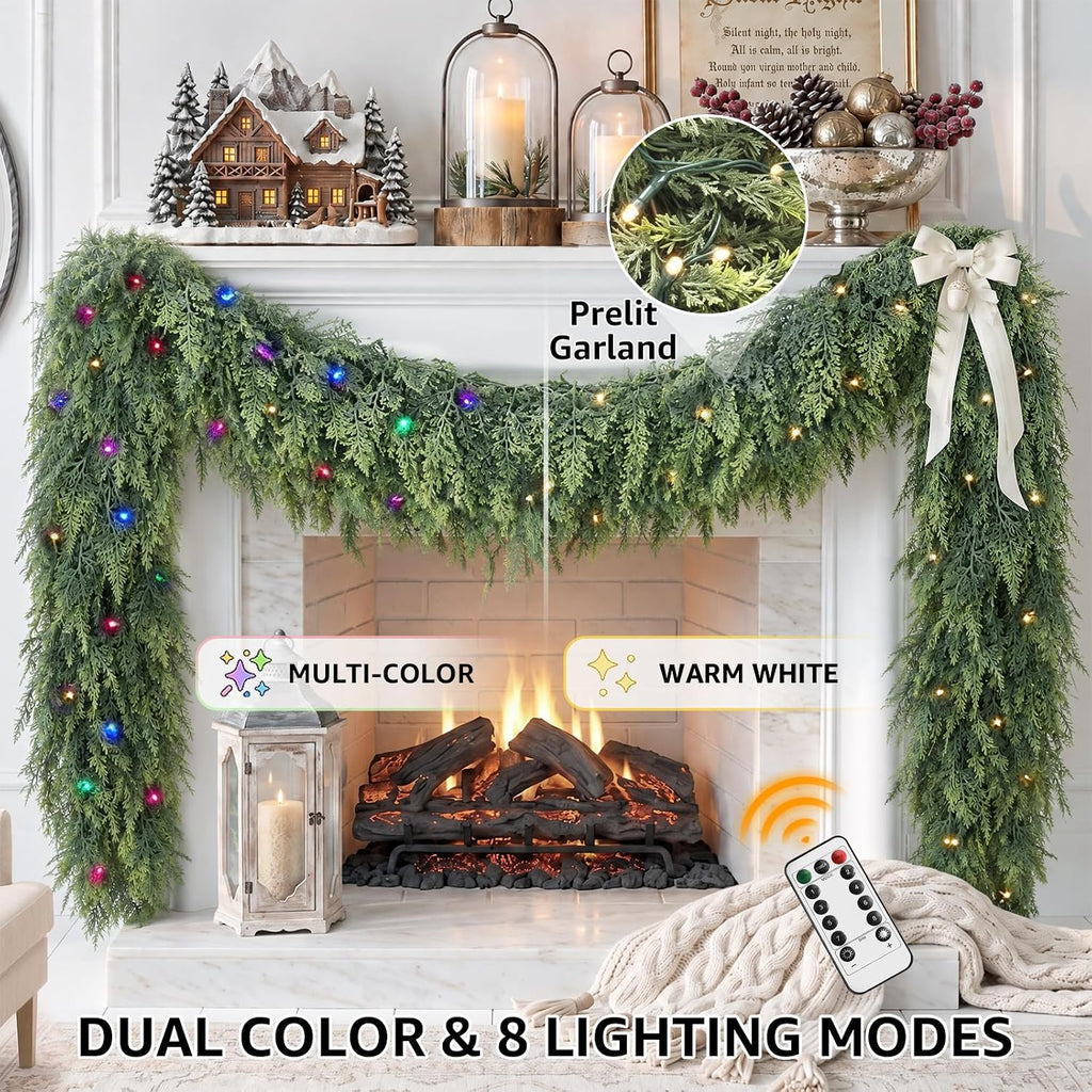 Cedar Christmas Garland with Lights for Mantle - Decorations 9ft Realistic Lighted Faux Pine Garlands for Xmas Home