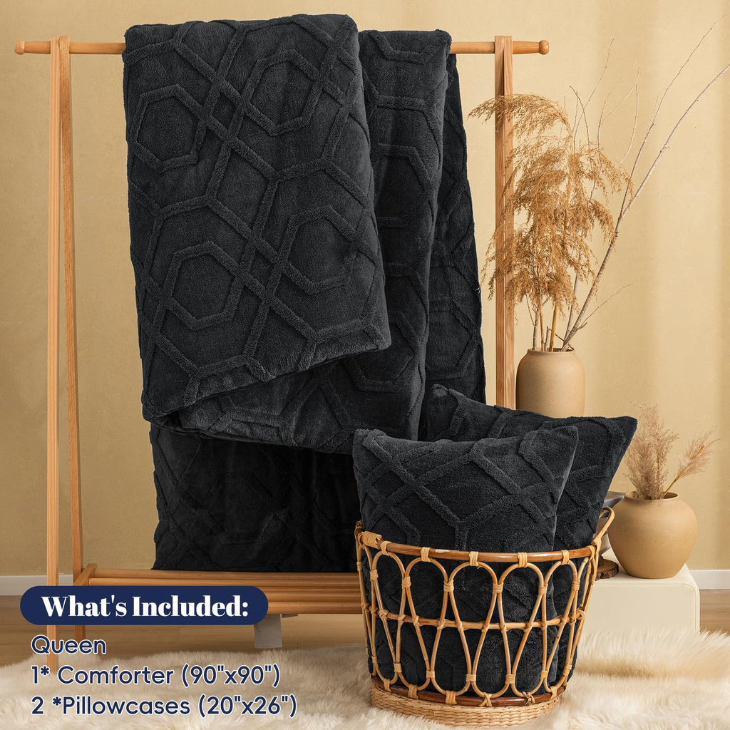Warm Sherpa Fleece Comforter Set, 3D Tufted Fluffy Dark Grey Bedding for Winter, Soft 3 Pieces Shaggy Bed Set