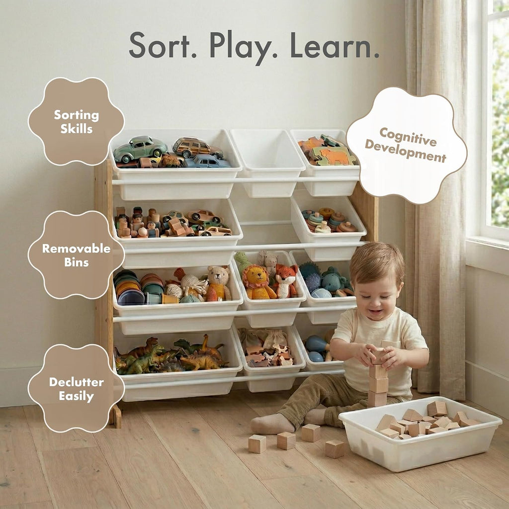 Kids Toy Organizer with 12 Bins, 4 Tier Storage | Sturdy wood and steel toddler shelf, removable BPA-free containers