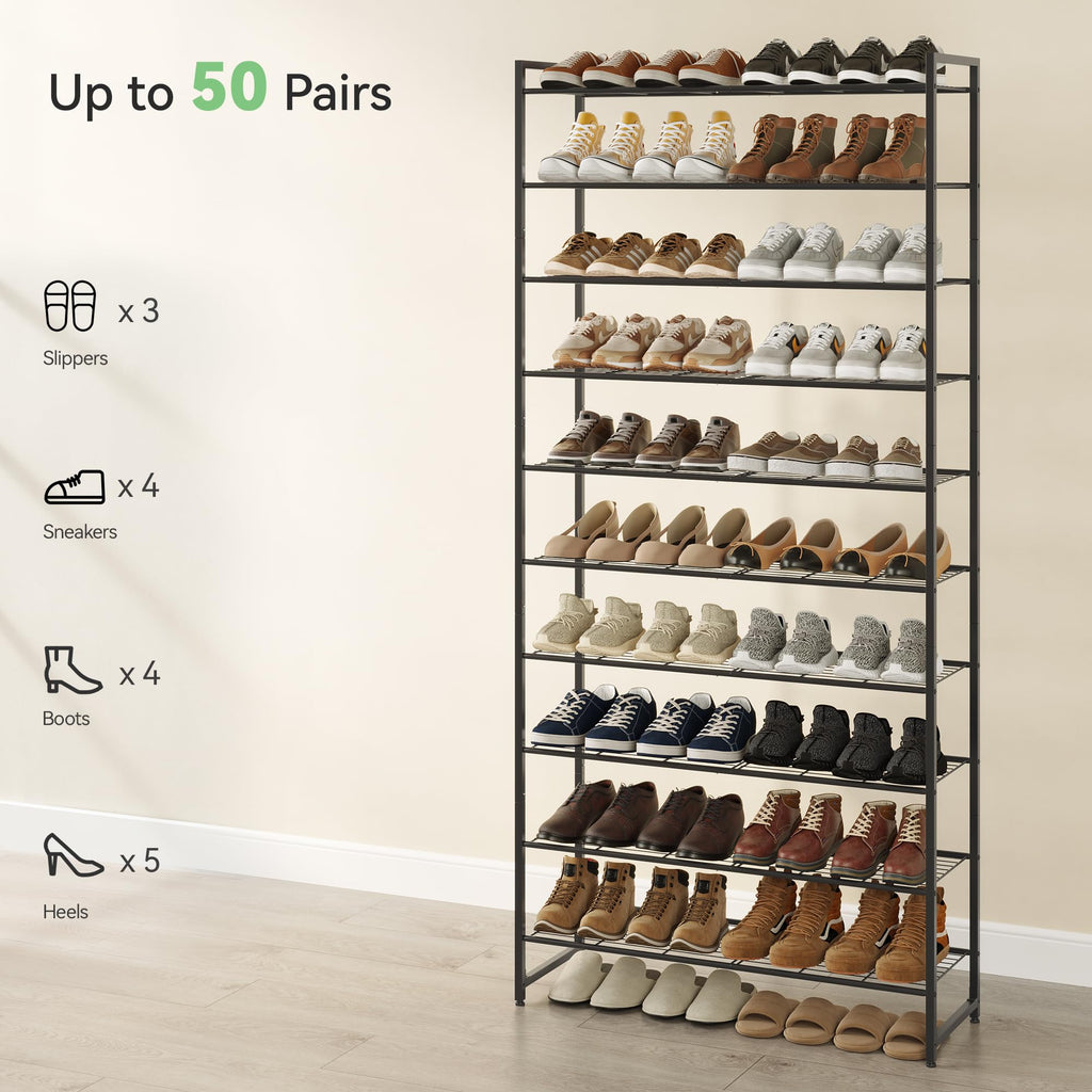 Shoe Rack for Closet, Metal Shoe Organizer, 10 Tier Garage Shoe Rack Max Holds 50 Pairs, Shoe Storage Shelf, Entryway