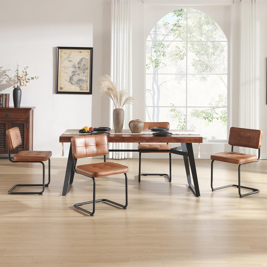 Industrial Metal Dining Chairs Set of 4, Upholstered Faux Leather Kitchen Chairs with Black Metal Base, Living Room