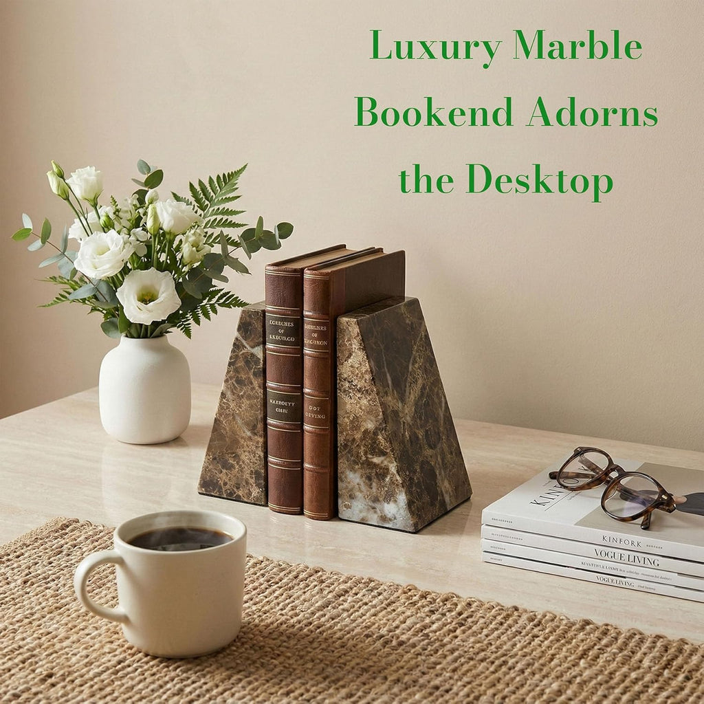 Decorative Bookends for Bookshelves, Set of 2 Marble Bookends , Heavy Duty,2 Pieces, Brown
