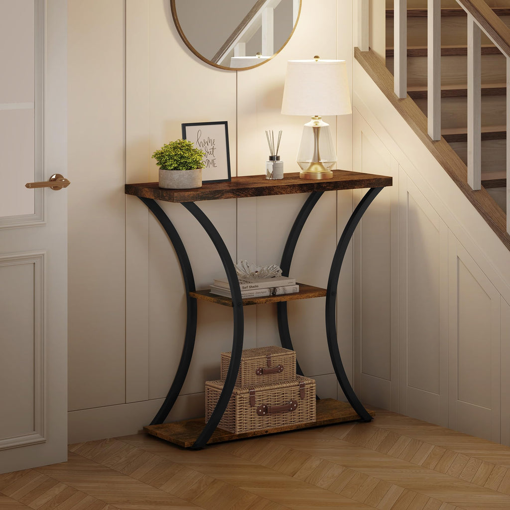 3 Tier Console Table with Open Wood Shelves, Decorative Entryway Table with Curved Metal Frames, Narrow Sofa Table