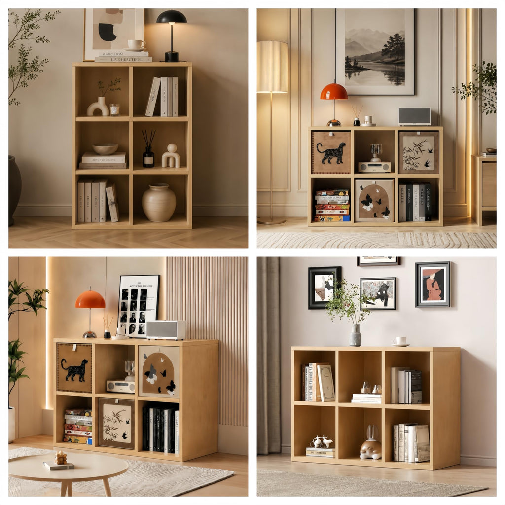 Solid Wood 8-Compartment Storage Shelving Unit, Wooden Open-Style Double-Tier Floor-Standing Low Bookcase