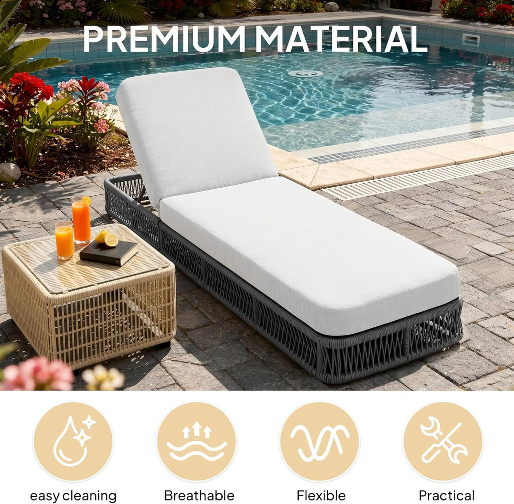 Outdoor Chaise Lounge Chair, Adjustable Backrest Patio Recliner, Woven Wicker Rope Reclining Pool Lounge Chair