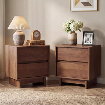 2 Pcs Walnut Nightstand Set for Bedroom, 2 Drawer Bedside End Table