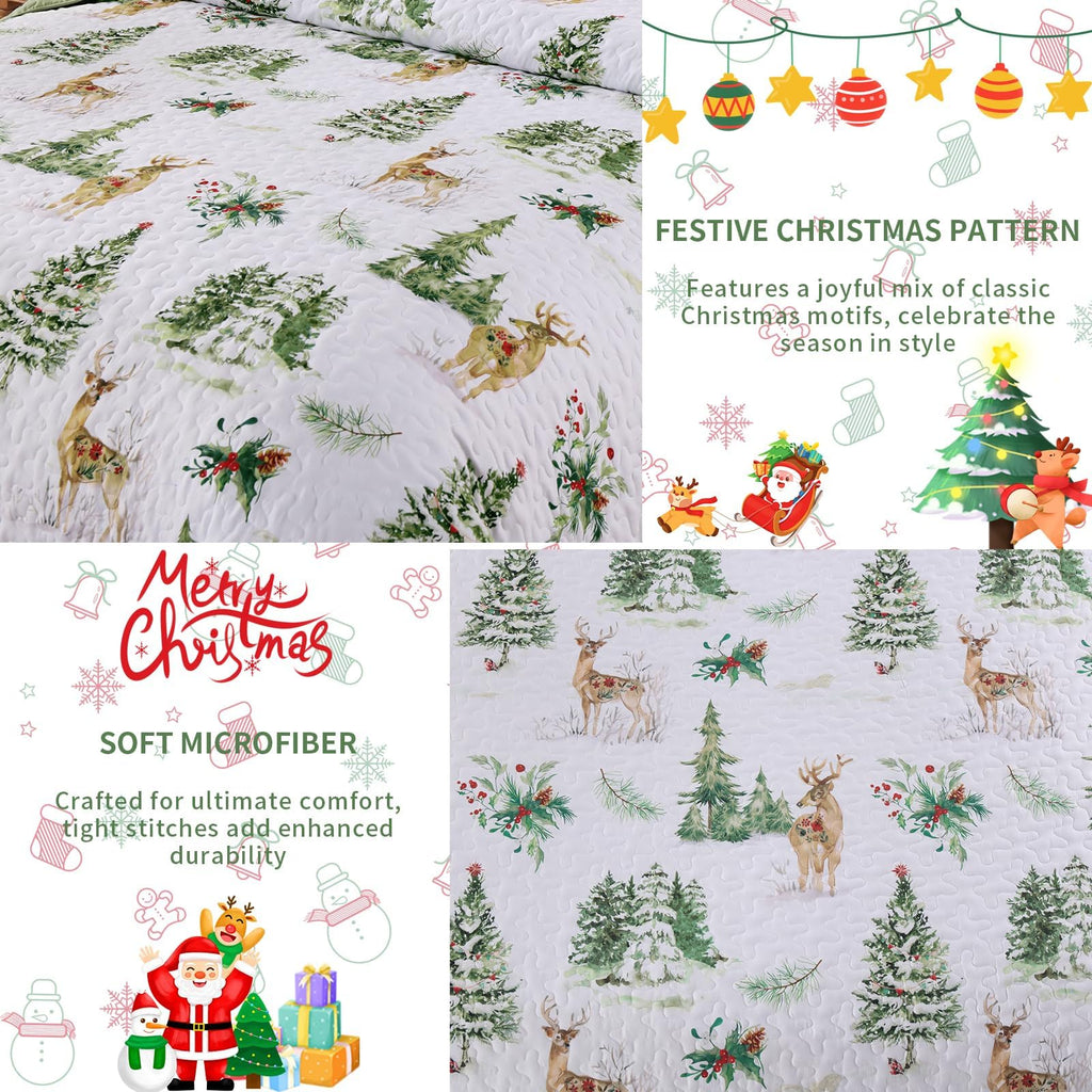 Christmas Quilt Set Queen Size Green Xmas Reindeer Pine Tree Bedding Set