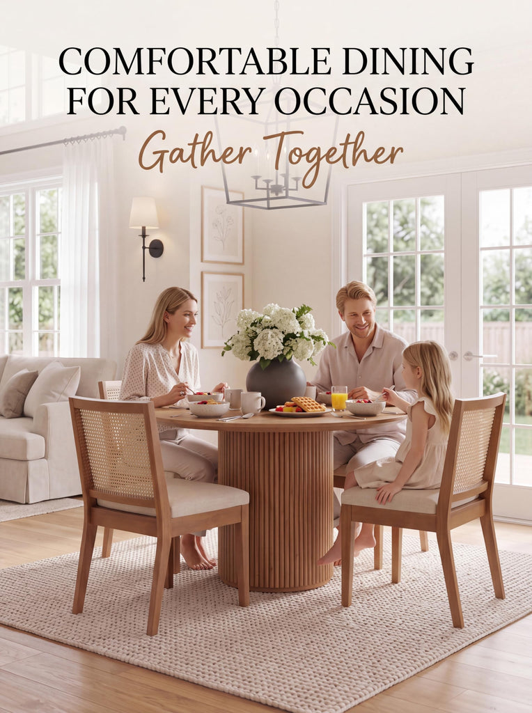 Farmhouse Rattan Dining Chairs Set of 2, Walnut Solid Hardwood Frame, Upholstered Linen Seat, Ergonomic Cane Back