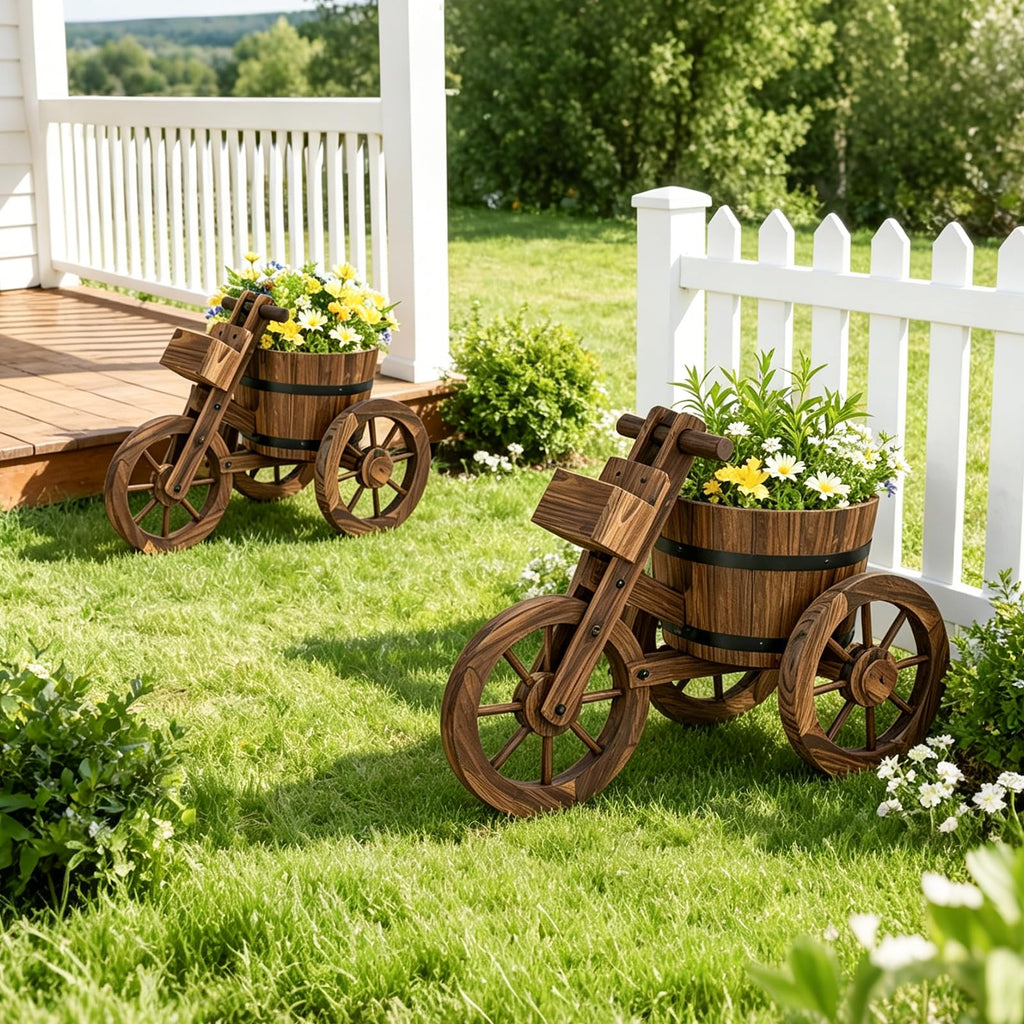 Outdoor Planter, Rustic Barrel Planter, Wood Wagon Tricycle Planters