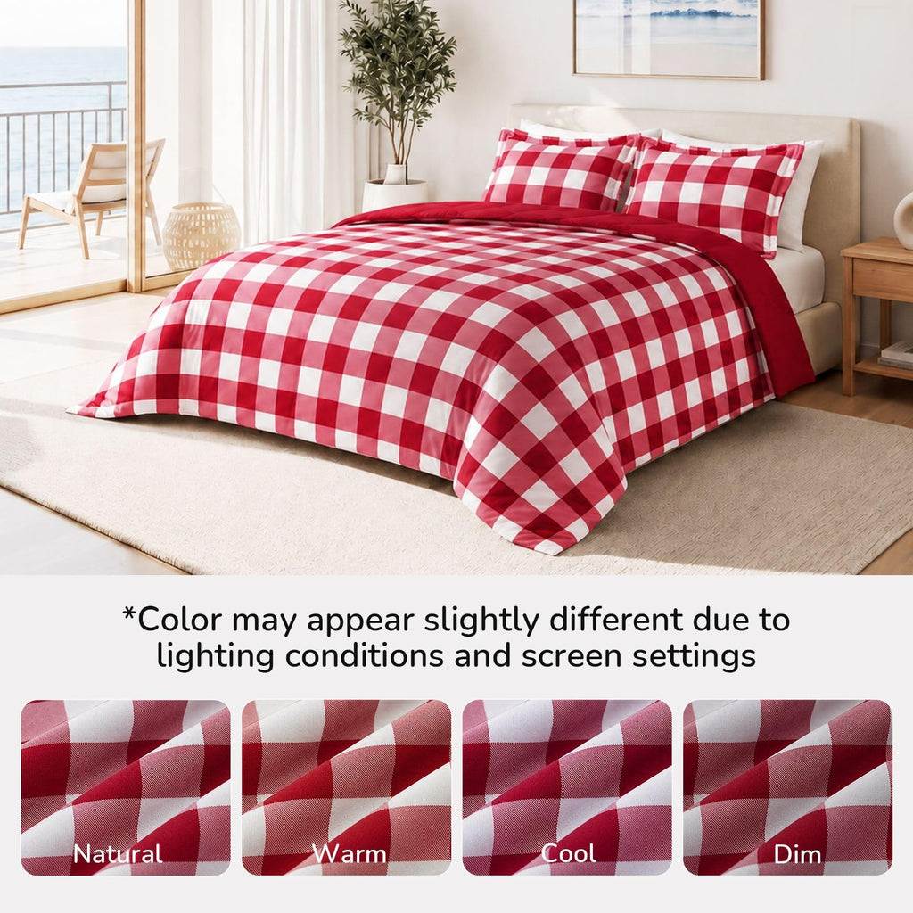 Lightweight Plaid Comforter Set with 2 Pillow Shams - 3-Piece Set - Red/White Plaid - Down Alternative