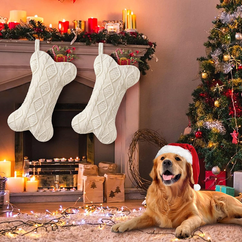 Dog , Knit White for Dogs, Bone Shape Dog Stocking Christmas Large Pet Stockings Hanging Dog for Dogs Cats Pets