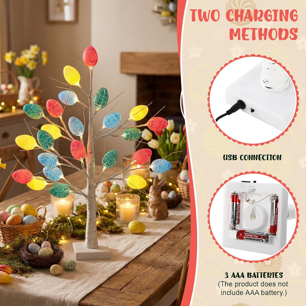 Set 24 Inch Lighted Easter Tree with 48 Eggs and Colorful LED Lights Easter Decoration Light up Artificial Birch - Set of 2
