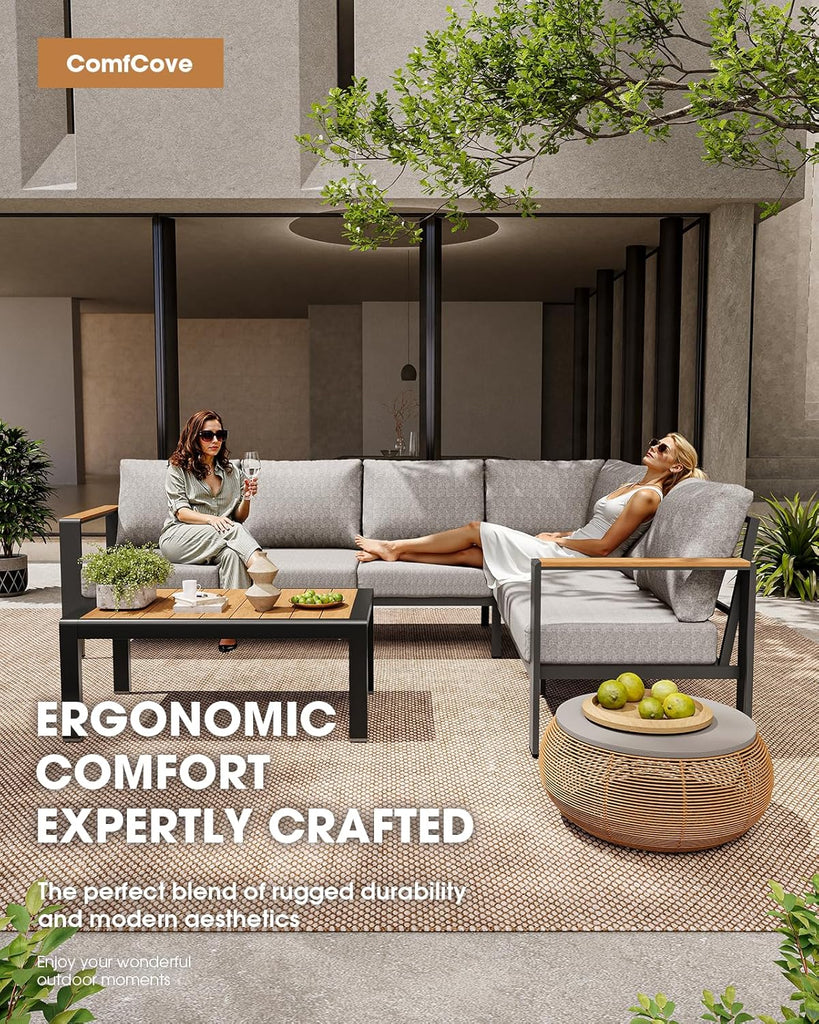 Aluminum Outdoor Patio Furniture Set 6 Seats, Outdoor Sectional Corner Sofa with Thick Waterproof Cushions & Coffee