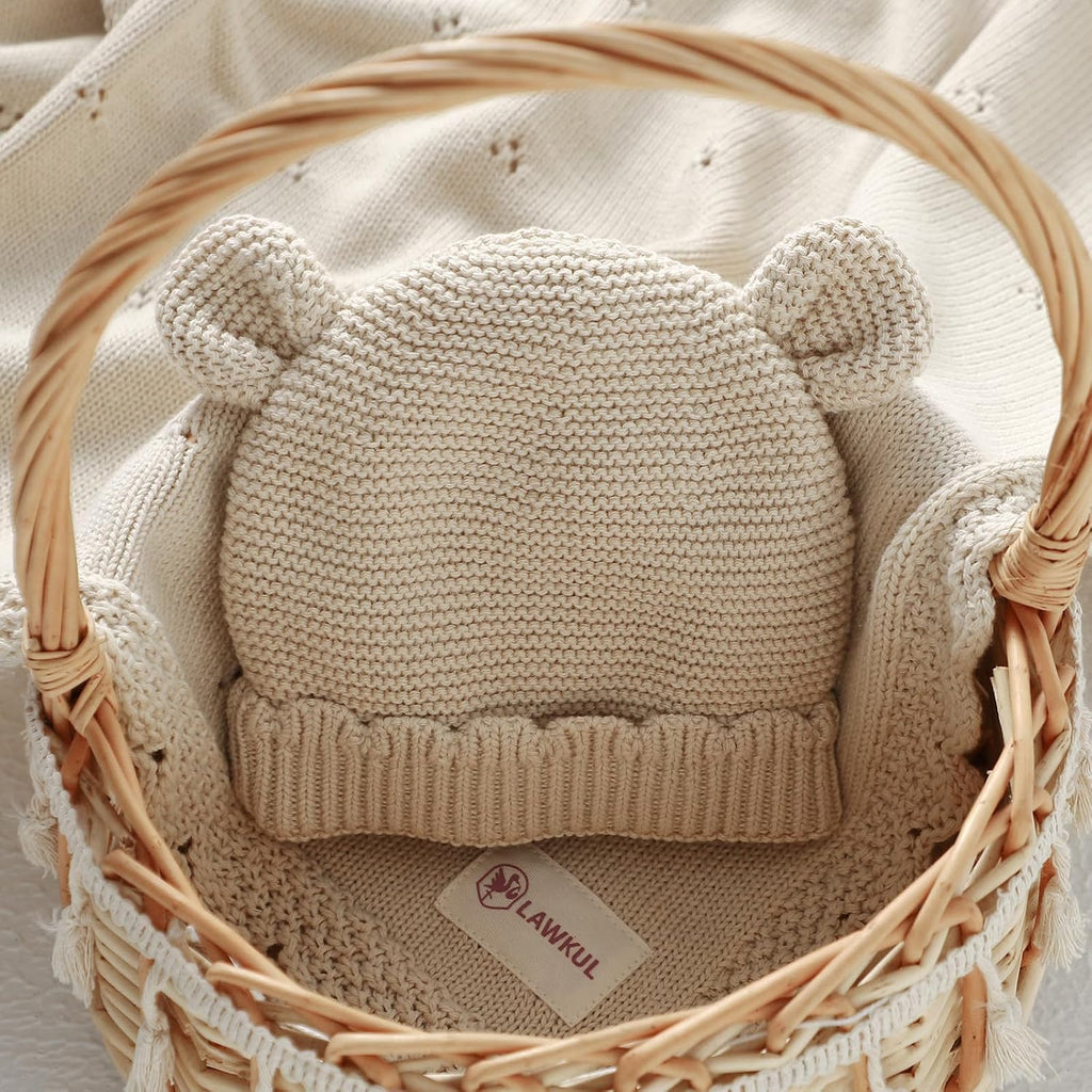 100% Organic Cotton Baby Blanket and Beanie Hat Set, Beige