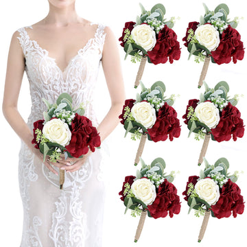 Flowers Bridesmaids Bouquets Set of 6 - Burgundy and White Bridesmaid Bouquet Handmade Small Silk Rose Floral Bouquet
