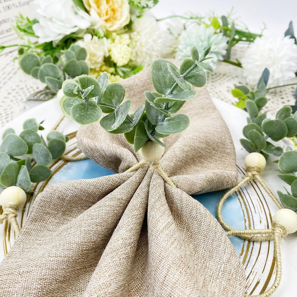 Eucalyptus Leaf Napkin Rings Farmhouse Easter Napkin Rings Wood Bead Boho Napkin Ring Holder for Party - Set of 12