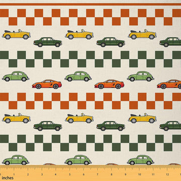 Racing Car Fabric by The Yard, Soft Polyester, Sports Race Cars Fabric for and Home DIY Projects, Orange Green Plaid