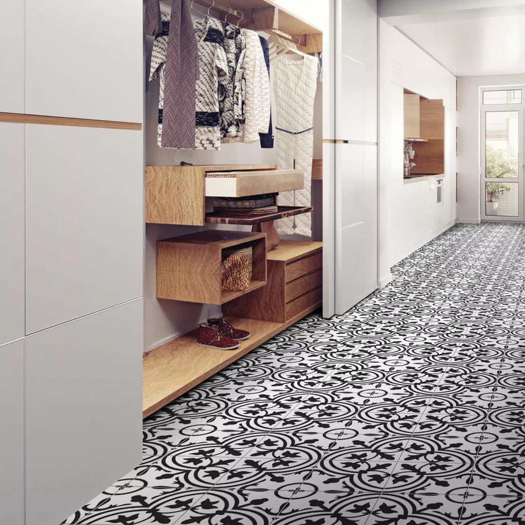 Noir Vine 8" x 8" Black and White Matte Porcelain Tile for Floor and Wall, Spanish Decorative Pattern, Indoor Outdoor