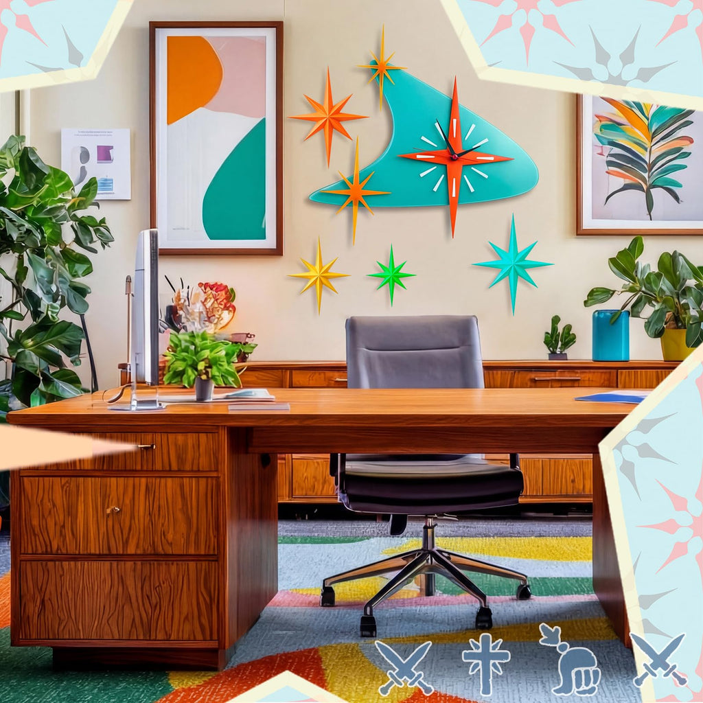 25 inch Mid Century Modern Wall Clock Decor with 5 Pcs Retro 3D Star Art Wall Sculpture Starburst Clock art Vintage