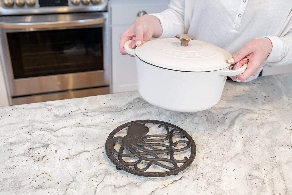 Cast Iron Trivet for Hot Dishes, Pots, and Pans, Metal Trivet, Octopus Design, Rubber Feet Caps, Ring Hanger, 8