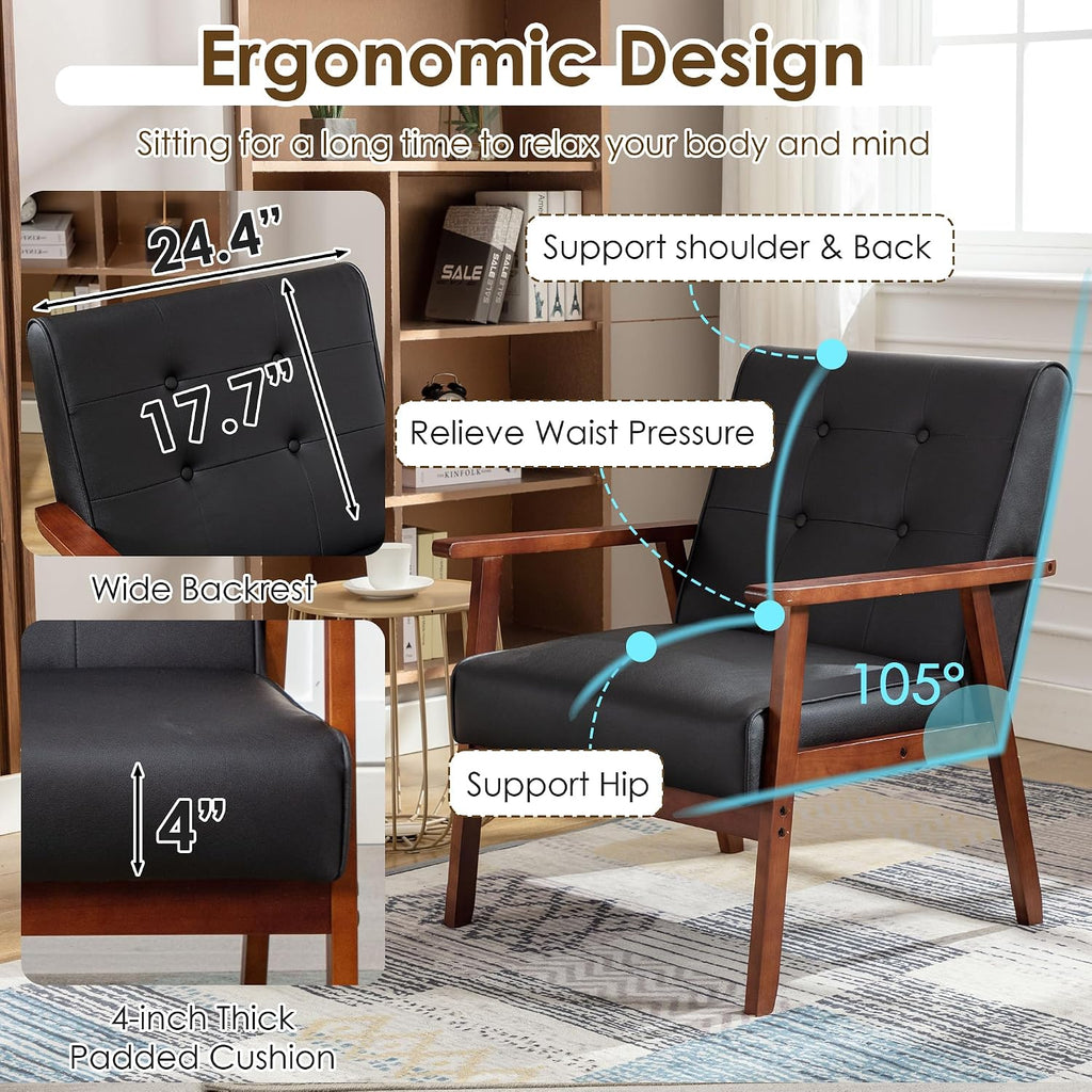 Black Leather Accent Chair, Waiting Chair with Wooden Arms