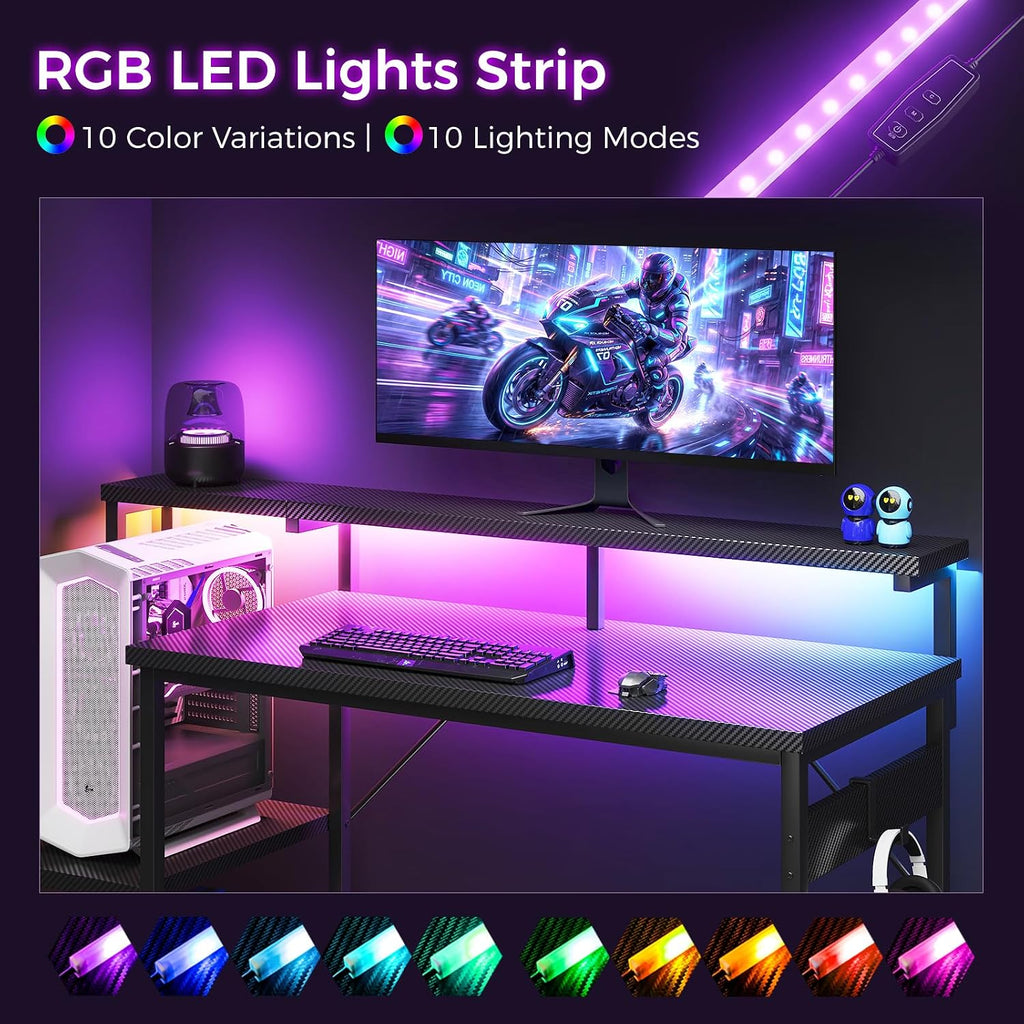 55 Inch Gaming Desk with LED Lights & CPU Stand, Carbon Fiber Black | Computer Desk with Storage Shelves, Reversible
