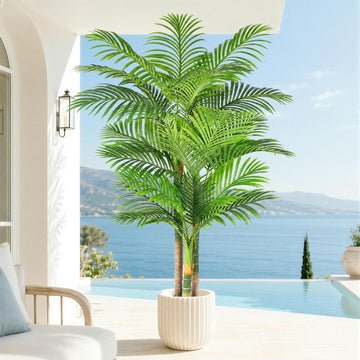 6ft Triple Golden Cane Palm Artificial Tree, Tall Faux Palm Tree with 24 Realistic Leaves, UV Resistant Fake Tropical