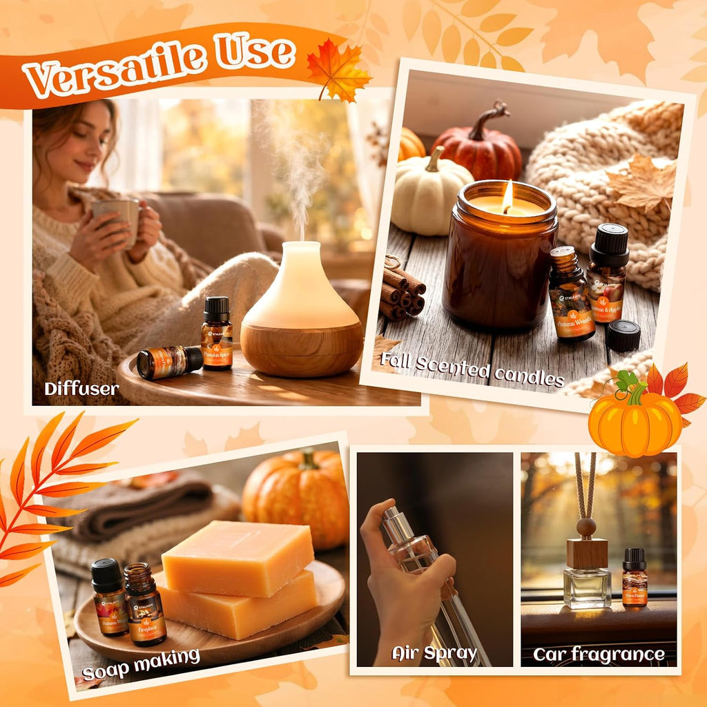 Fragrance Oil Autumn Set, Fall Essential Oils, Pumpkin Spice,Cinnamon & Apple,Fireplace, Autumn Wreath, Warm Flannel - Set of 6
