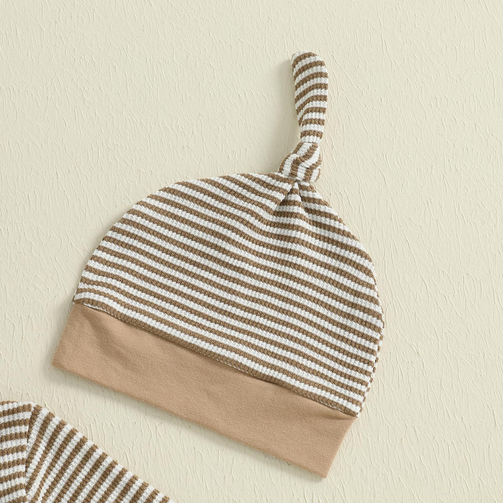 Newborn Baby Boy Romper Stripe Jumpsuit with Hat Coming Home Outfit Infant Fall Winter Clothes (Coffee #2, )
